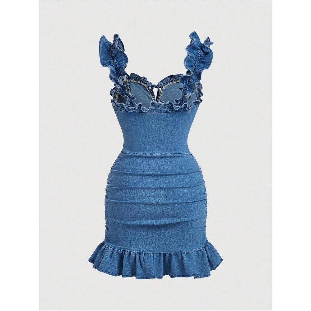 Women's Denim Dress Lightweight Ruffled Mini Sleeveless Bodycon Casual - Picture 2 of 4